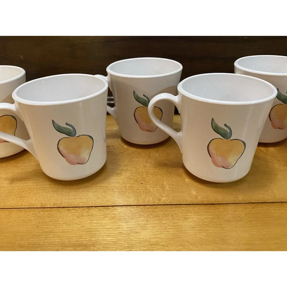 Corelle Fruit Basket Mugs Set 6 Apples Cherries White Coffee Cups Vintage Tea